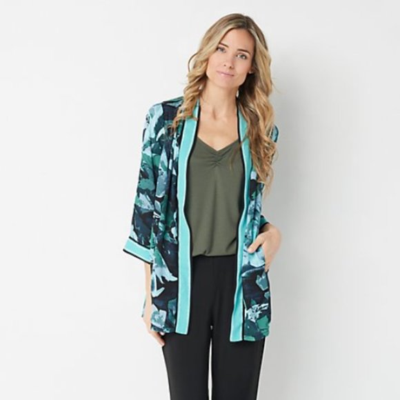 Bob Mackie Watercolor Rose Printed Woven Cardigan - Picture 4 of 4